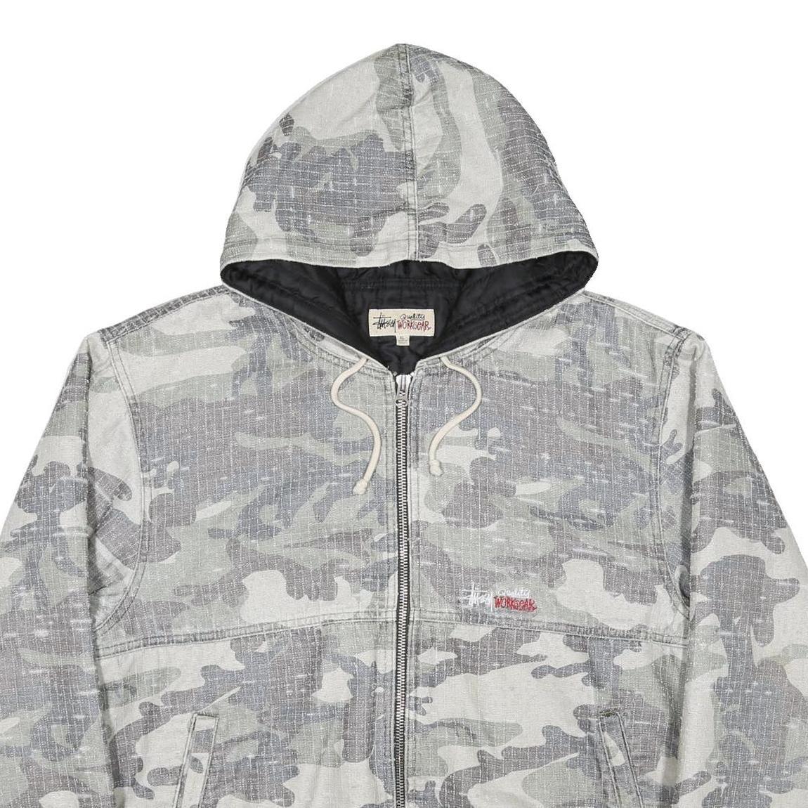 STUSSY Woodland Camo Needlepunch Mens Grey Camouflage Zip Hoodie Jacket XL