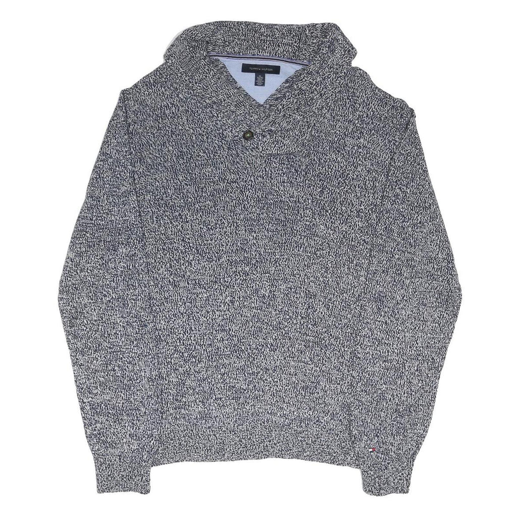 TOMMY HILFIGER Mens Grey Patterned Jumper V-Neck Chunky Knit XL Cotton Blend