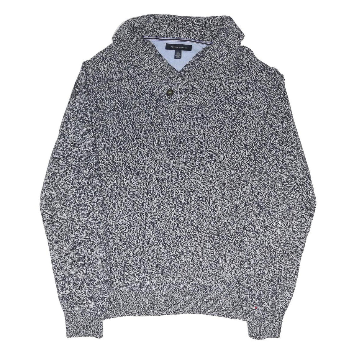 TOMMY HILFIGER Mens Grey Patterned Jumper V-Neck Chunky Knit XL Cotton Blend