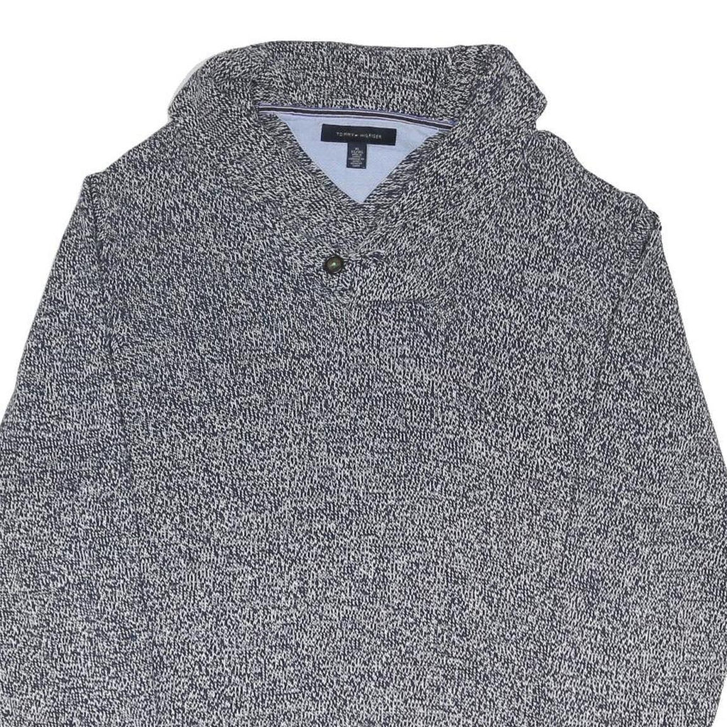 TOMMY HILFIGER Mens Grey Patterned Jumper V-Neck Chunky Knit XL Cotton Blend
