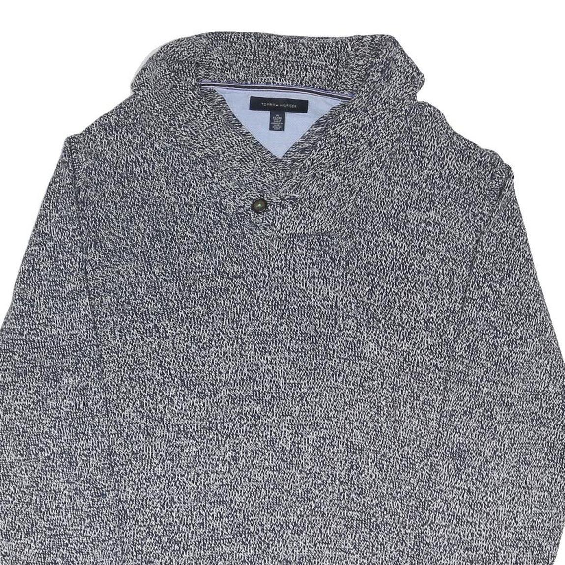 TOMMY HILFIGER Mens Grey Patterned Jumper V-Neck Chunky Knit XL Cotton Blend