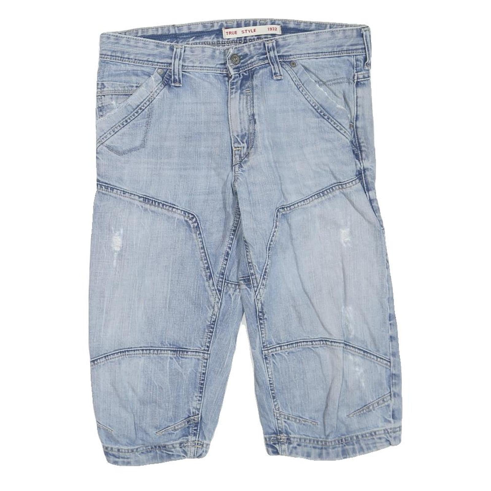 TRUE STYLE Mens Light Blue Denim Casual Shorts M W34 Cotton Blend Patchwork