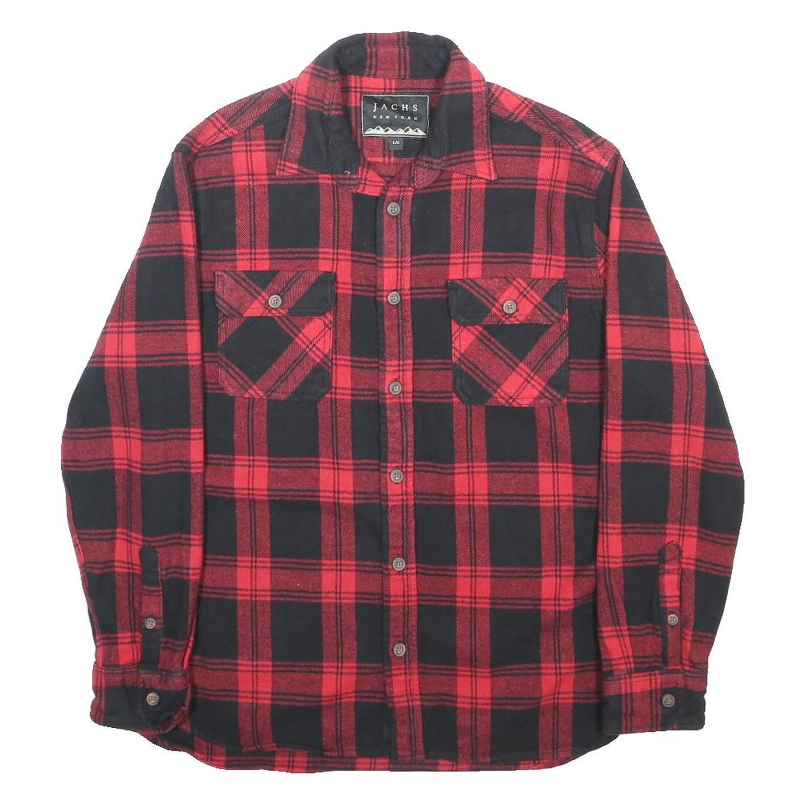 JACHS Mens Red & Black Check Shirt L Classic Cotton Long Sleeve Button Front