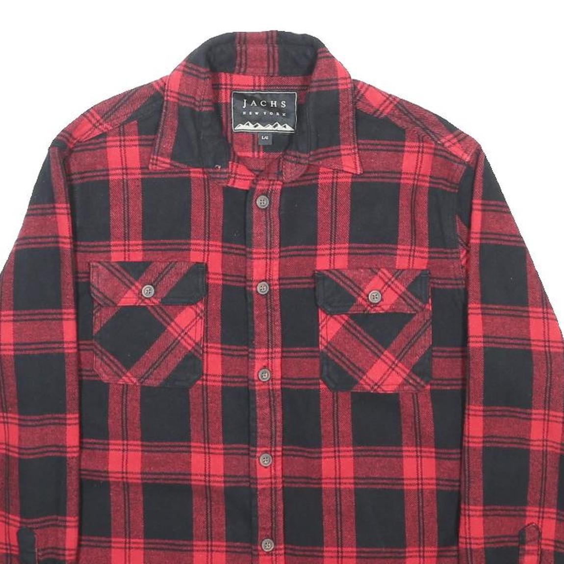 JACHS Mens Red & Black Check Shirt L Classic Cotton Long Sleeve Button Front