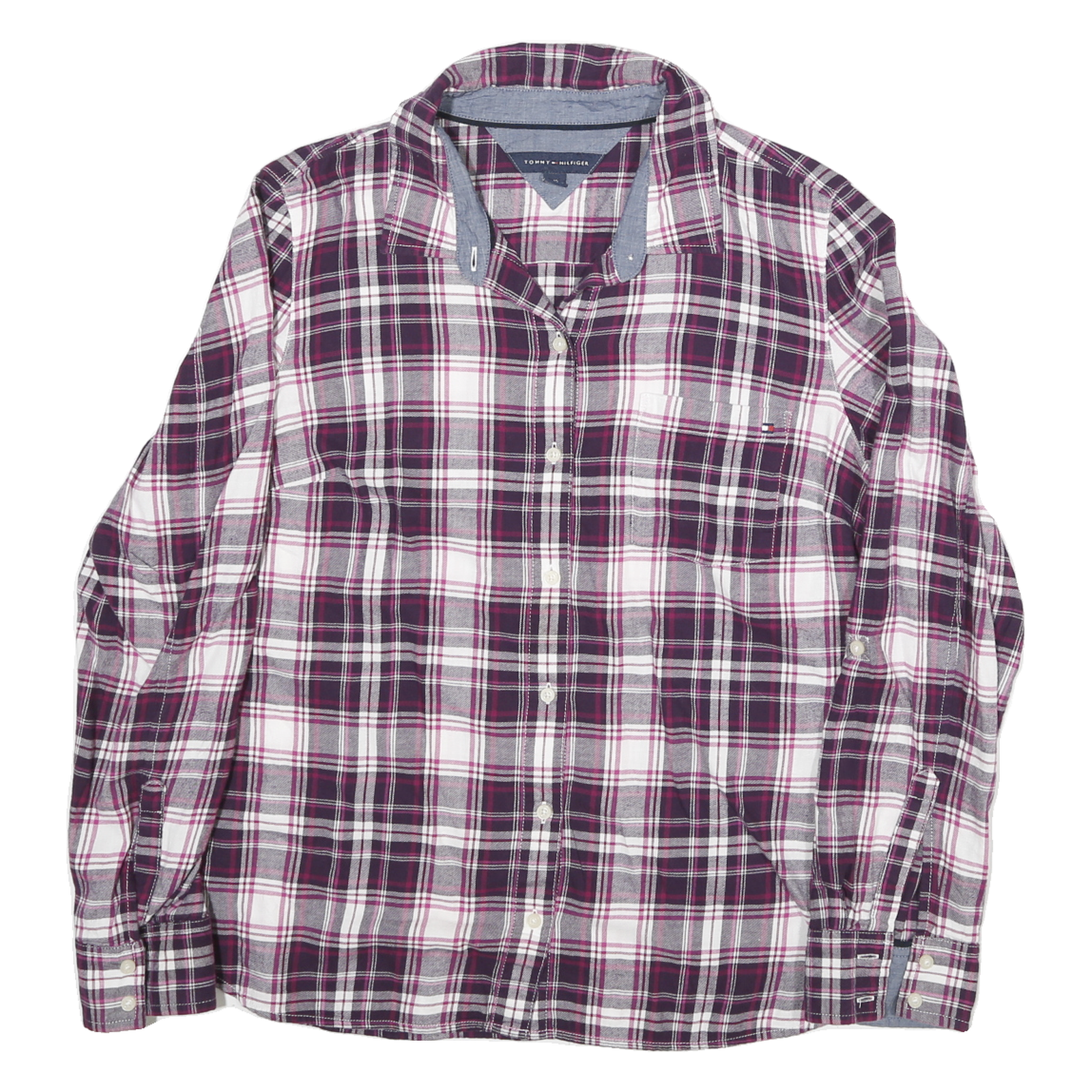 TOMMY HILFIGER Womens Purple & White Check Shirt L Cotton Blend Casual Stylish