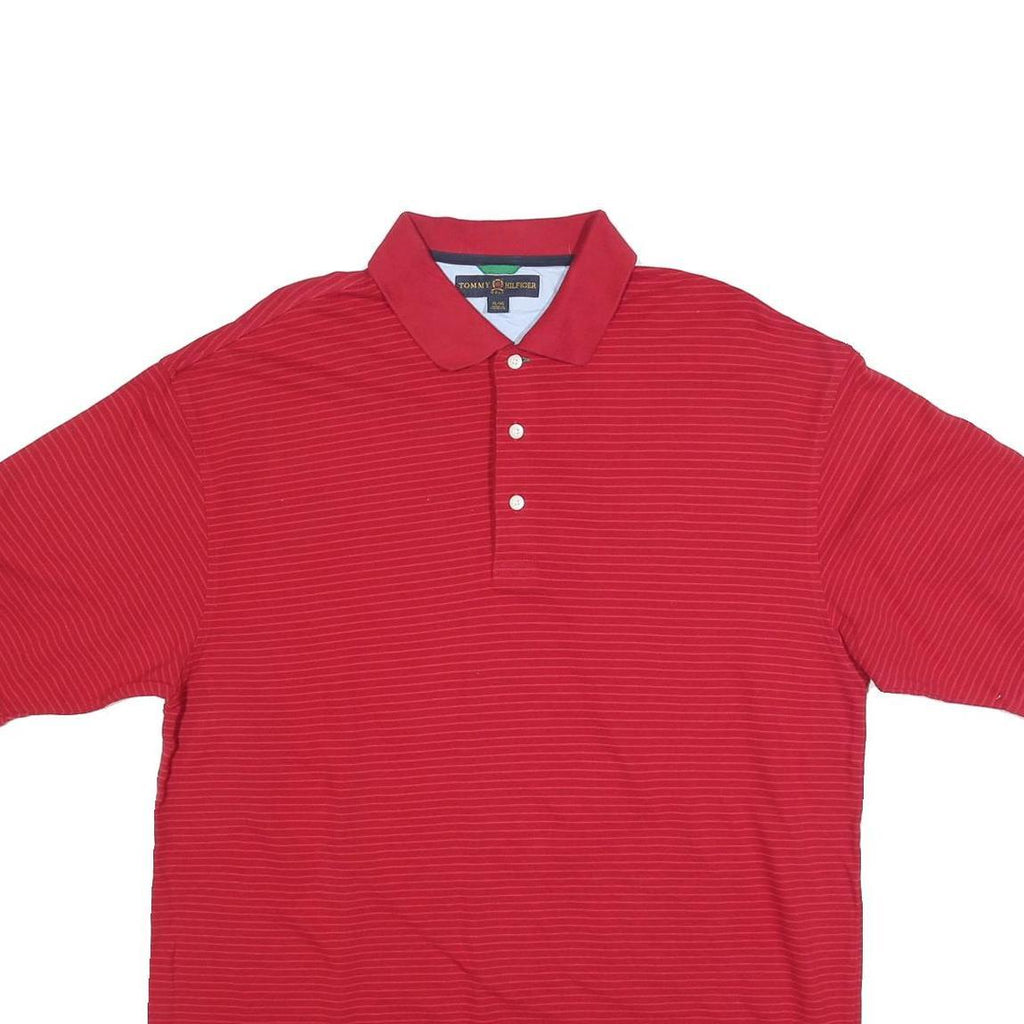 TOMMY HILFIGER Mens Red Striped XL Polo Shirt Cotton Blend Classic Fit Casual