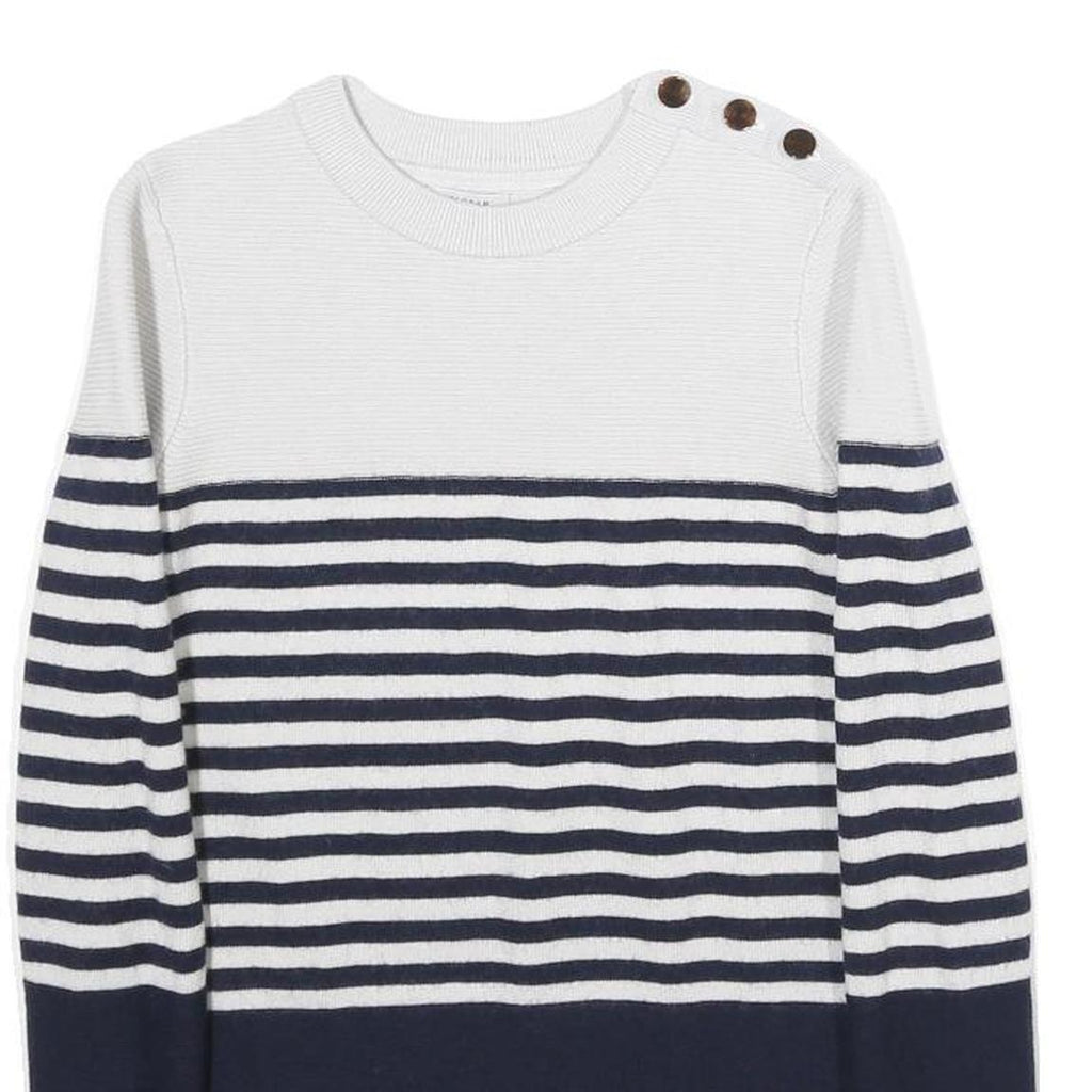 JIGSAW Womens White & Navy Striped Plain Wool Crew Neck Basic Knit S Button