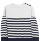 JIGSAW Womens White & Navy Striped Plain Wool Crew Neck Basic Knit S Button