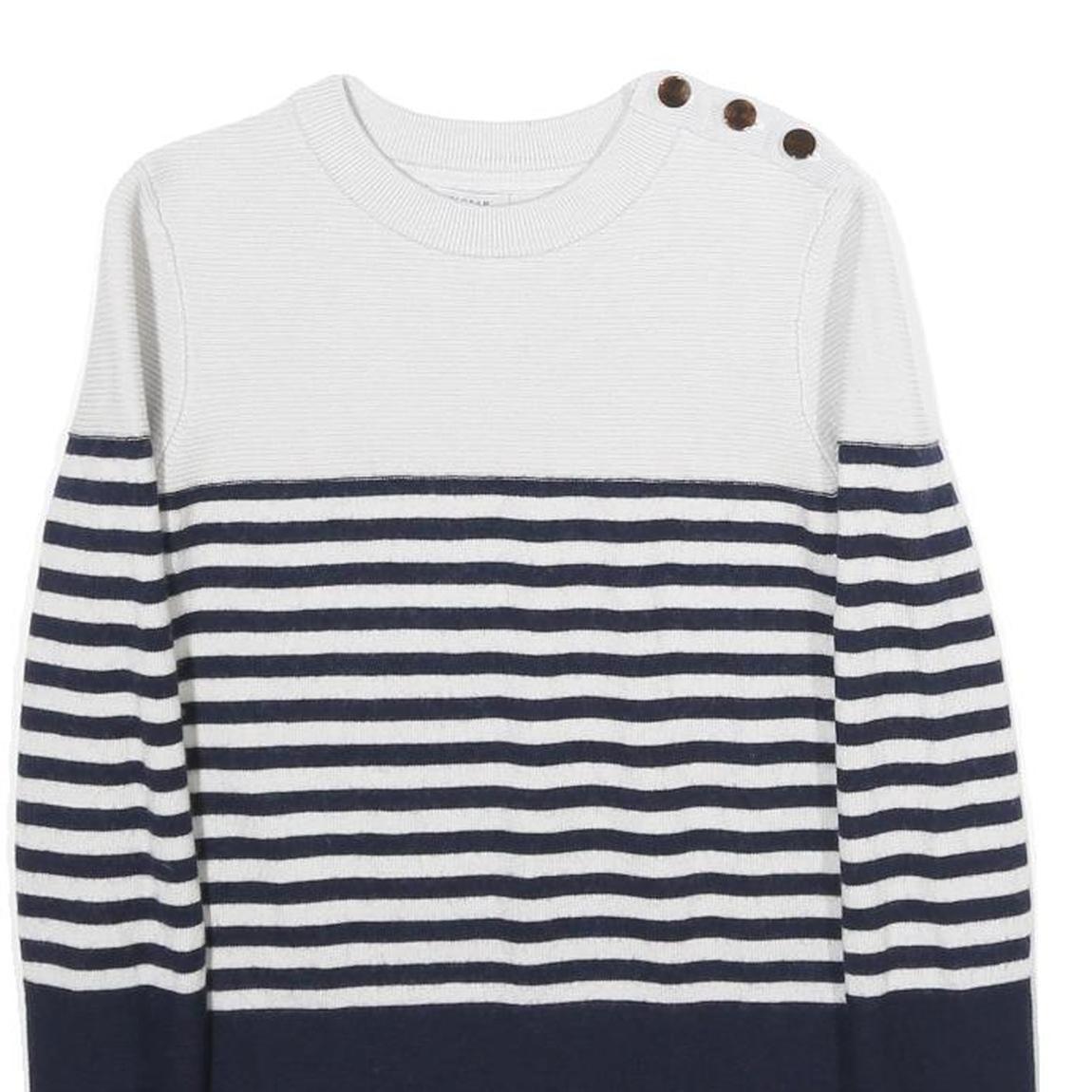 JIGSAW Womens White & Navy Striped Plain Wool Crew Neck Basic Knit S Button