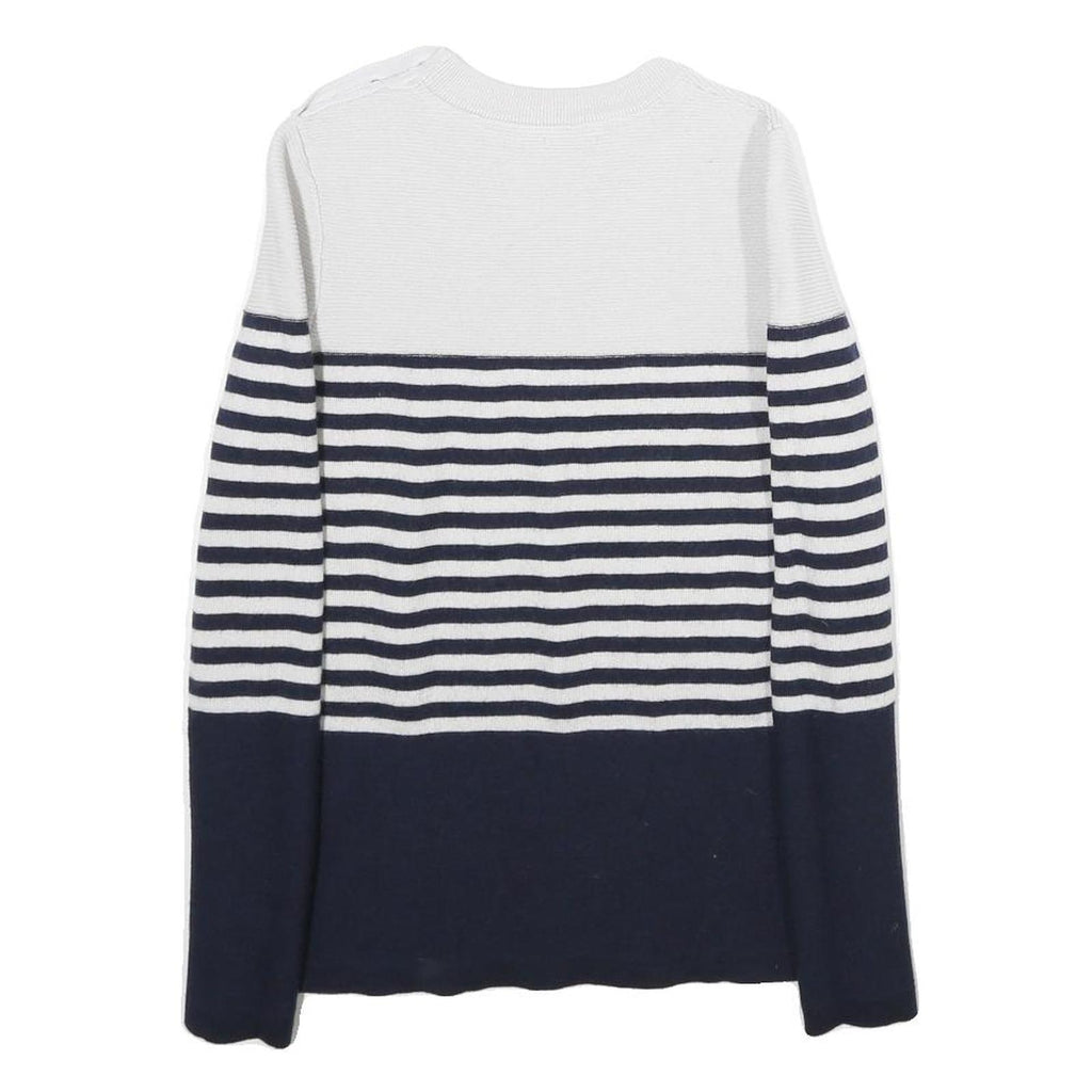 JIGSAW Womens White & Navy Striped Plain Wool Crew Neck Basic Knit S Button