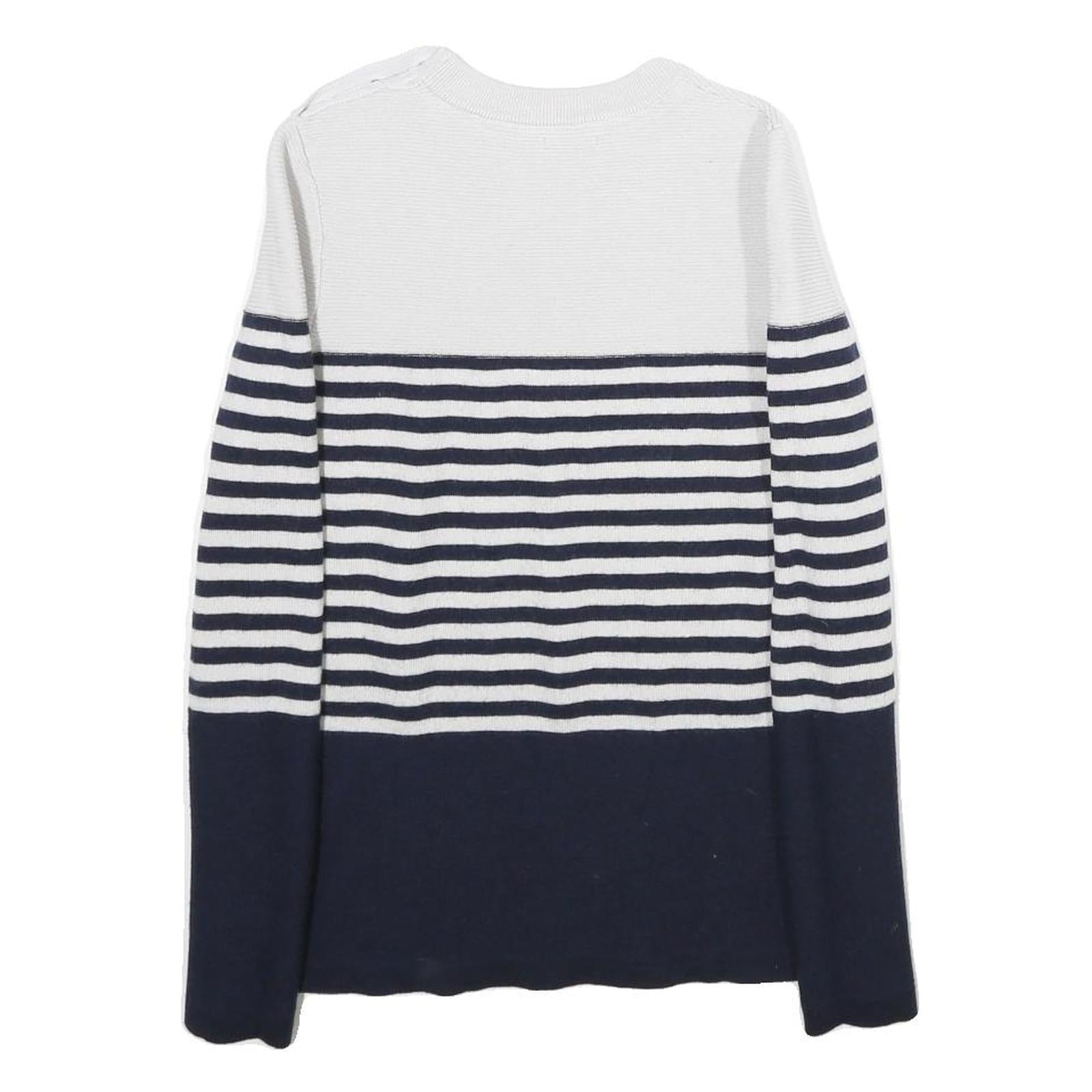 JIGSAW Womens White & Navy Striped Plain Wool Crew Neck Basic Knit S Button