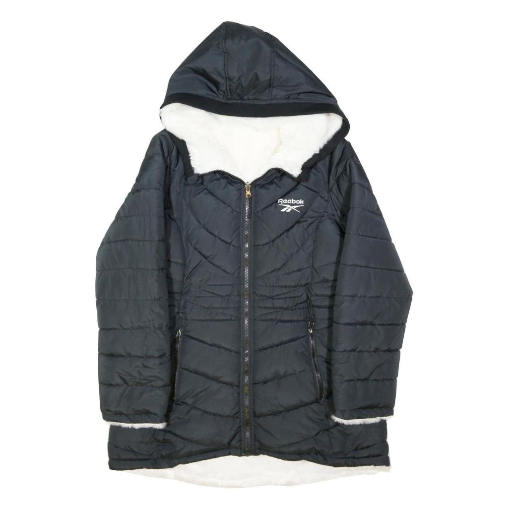 REEBOK Womens Black Zip Up Hooded Quilted Jacket L Polyester Blend Casual Winter