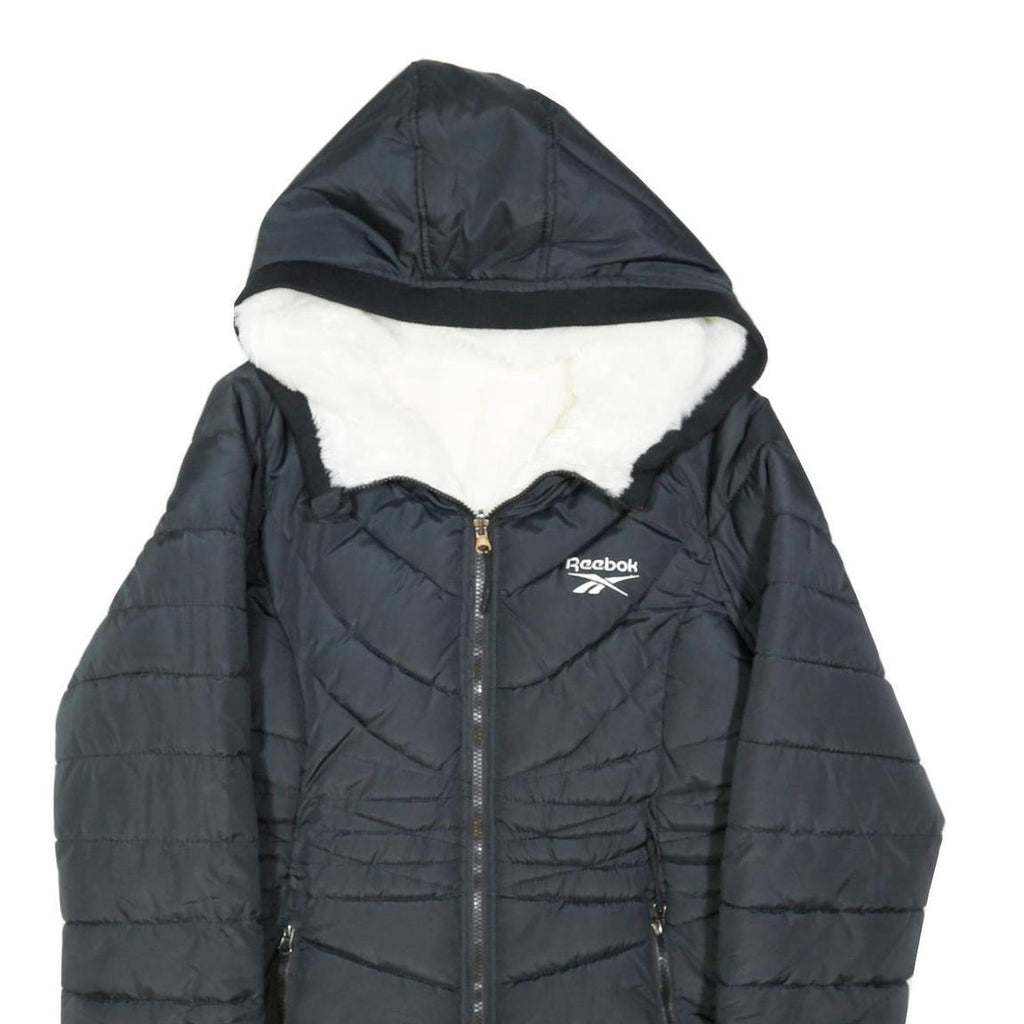 REEBOK Womens Black Zip Up Hooded Quilted Jacket L Polyester Blend Casual Winter