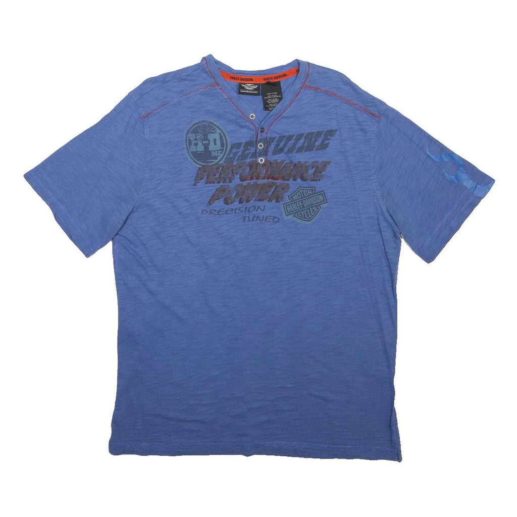 HARLEY DAVIDSON Mens Blue Graphic T-Shirt L Short Sleeve Henley Neck Cotton