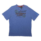 HARLEY DAVIDSON Mens Blue Graphic T-Shirt L Short Sleeve Henley Neck Cotton
