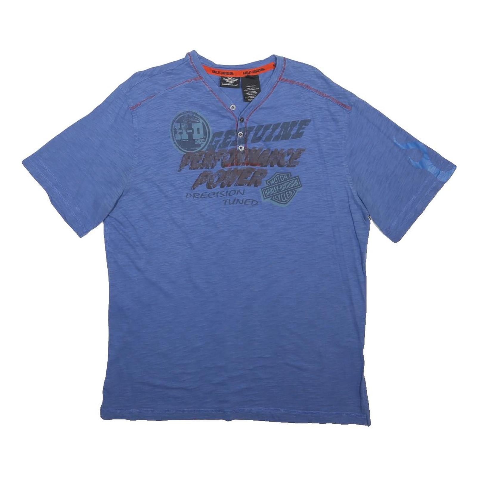HARLEY DAVIDSON Mens Blue Graphic T-Shirt L Short Sleeve Henley Neck Cotton