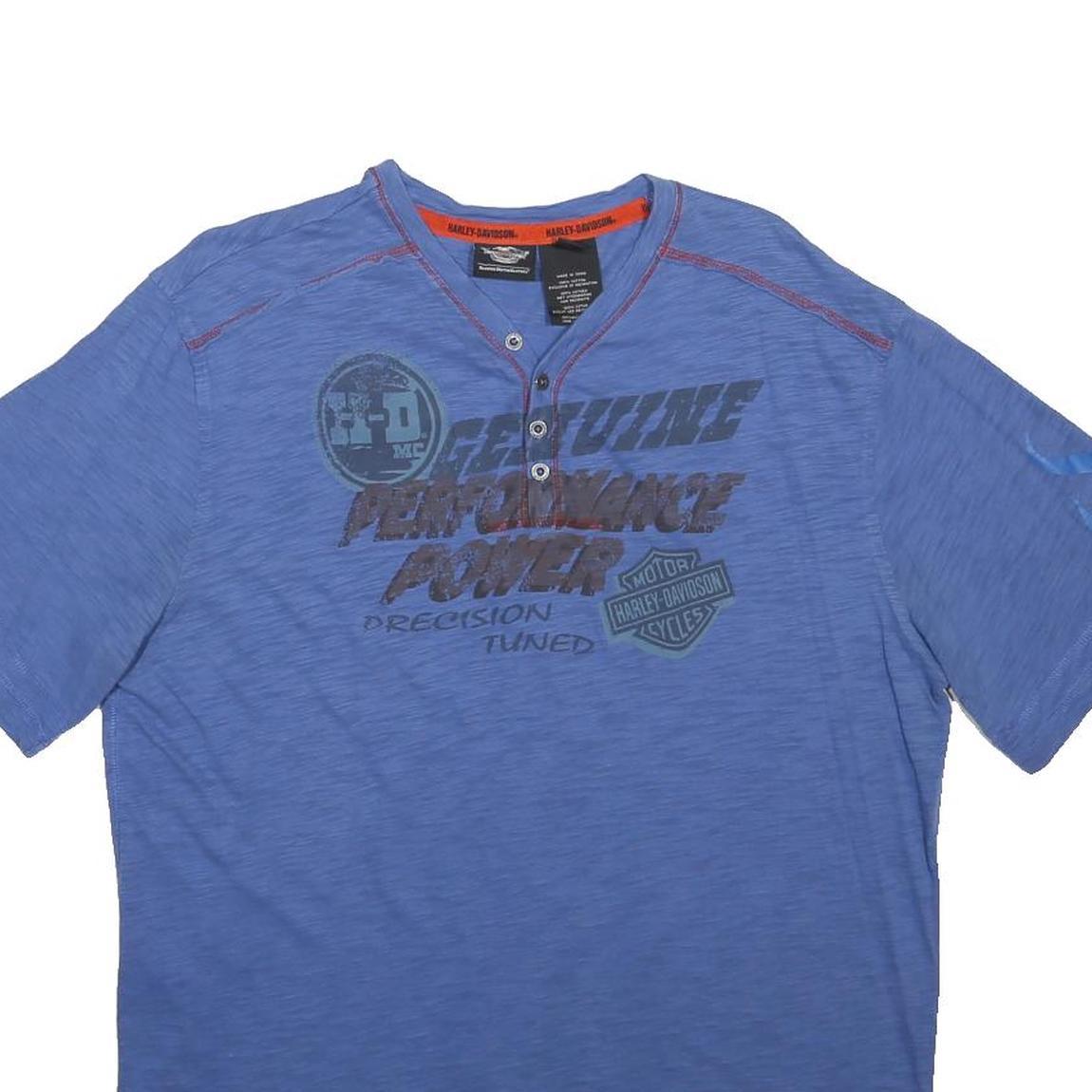 HARLEY DAVIDSON Mens Blue Graphic T-Shirt L Short Sleeve Henley Neck Cotton