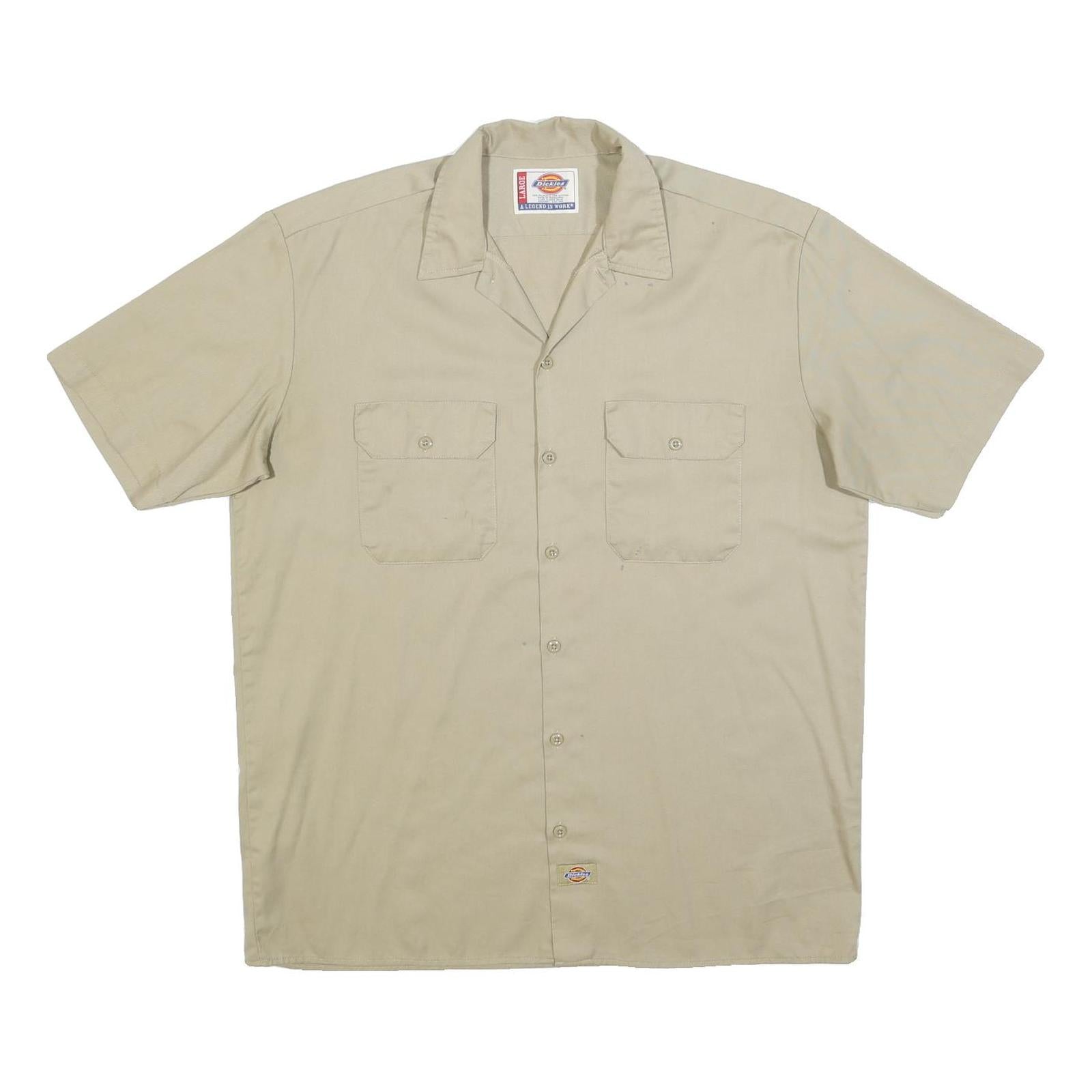 DICKIES Mens Beige Short Sleeve Work Shirt L Cotton Blend Casual Button Up