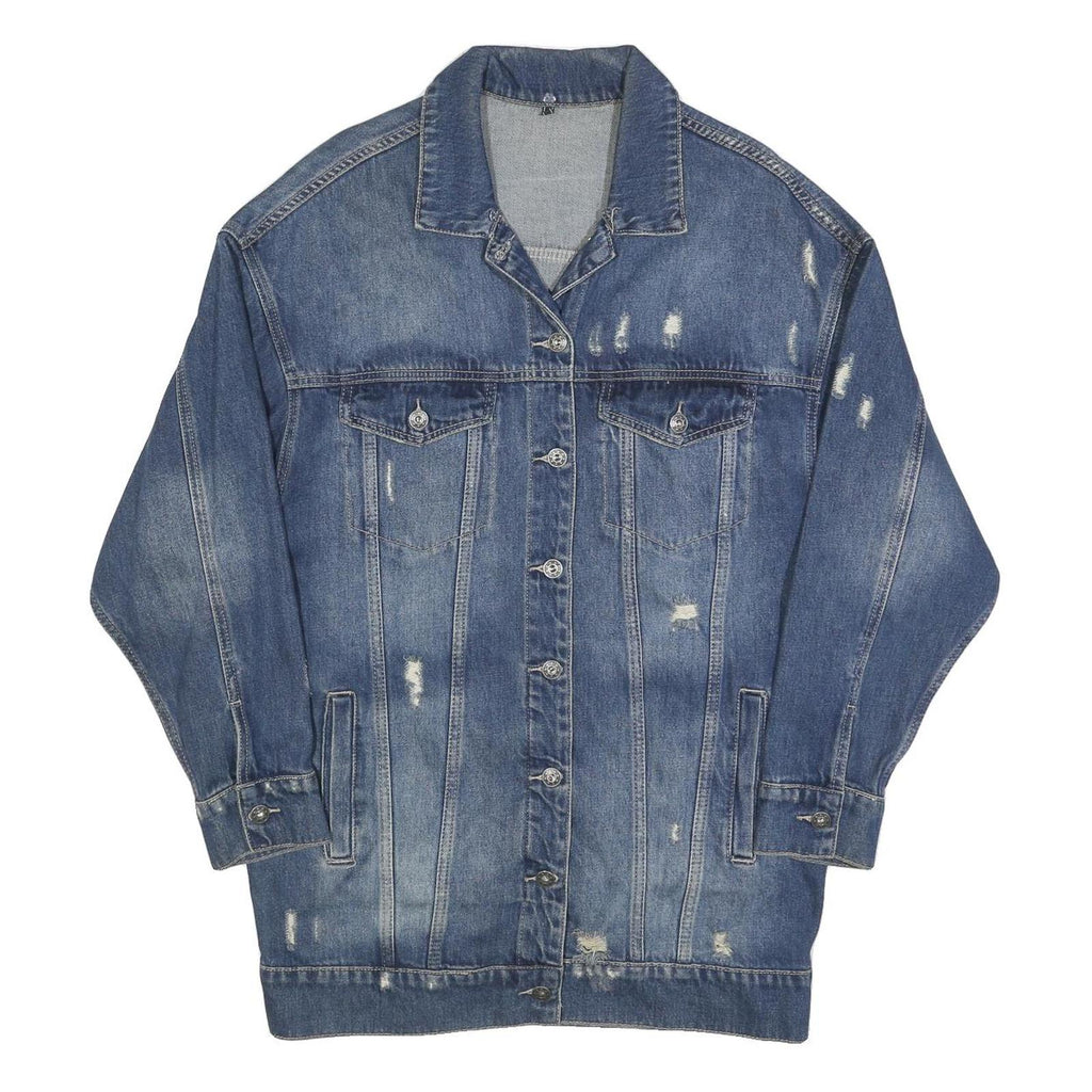Womens Blue Denim Button Jacket L Cotton Blend Distressed Casual Outerwear