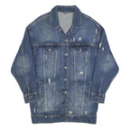Womens Blue Denim Button Jacket L Cotton Blend Distressed Casual Outerwear