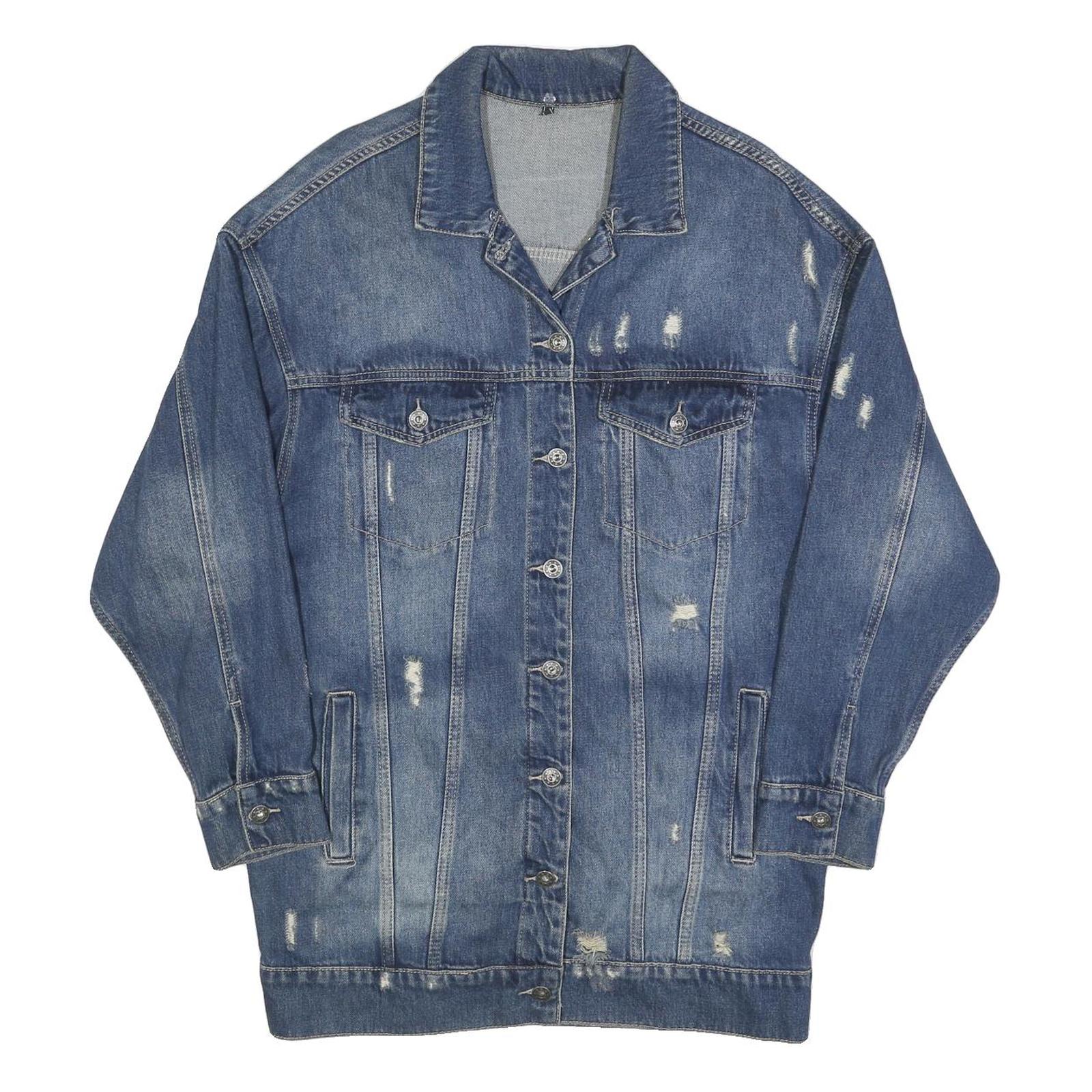 Womens Blue Denim Button Jacket L Cotton Blend Distressed Casual Outerwear