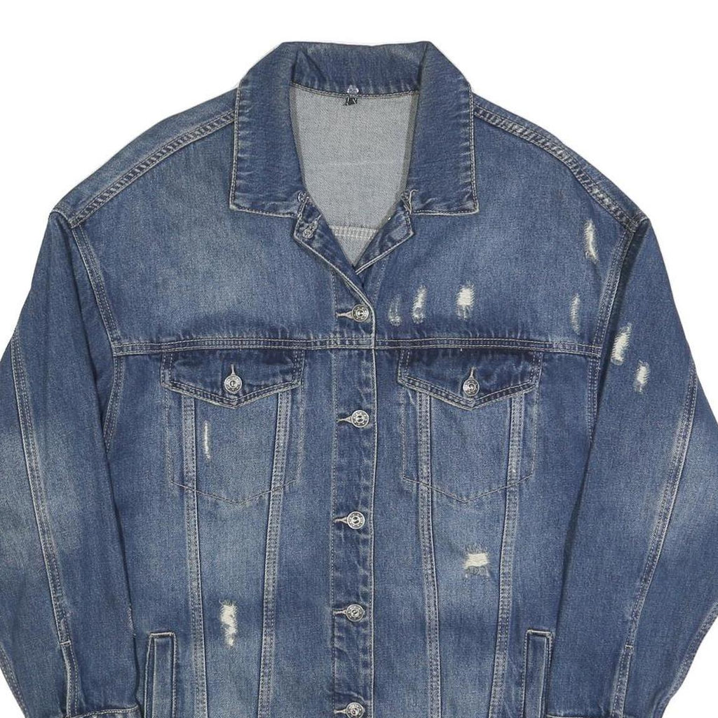 Womens Blue Denim Button Jacket L Cotton Blend Distressed Casual Outerwear