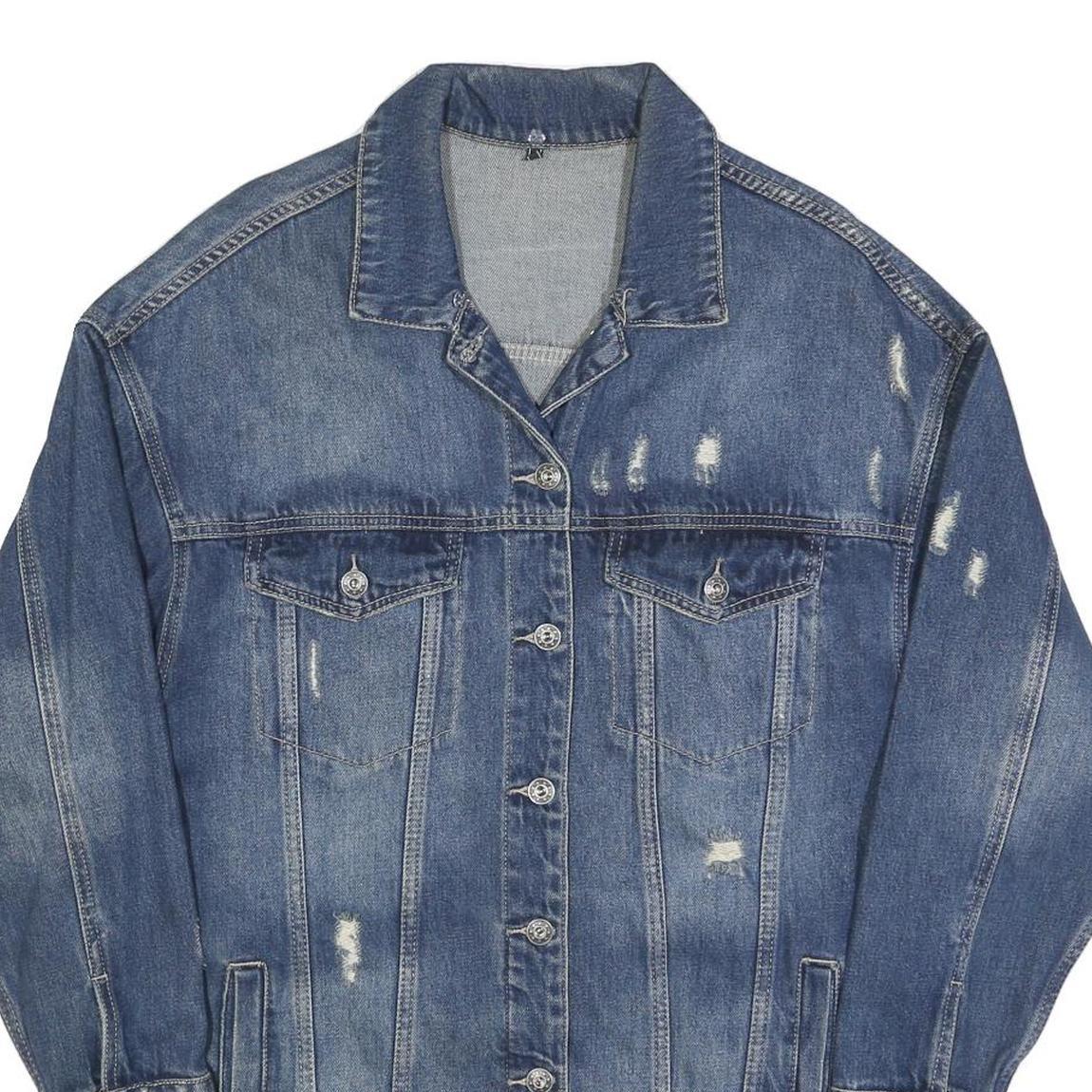 Womens Blue Denim Button Jacket L Cotton Blend Distressed Casual Outerwear