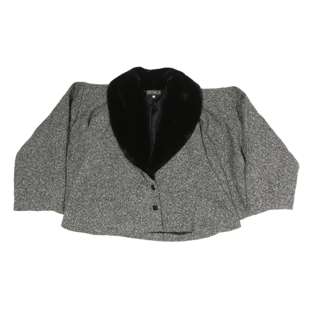 ORTENILLA Womens Grey Black Jacket L Cotton Blend Tweed Button Closure Fur