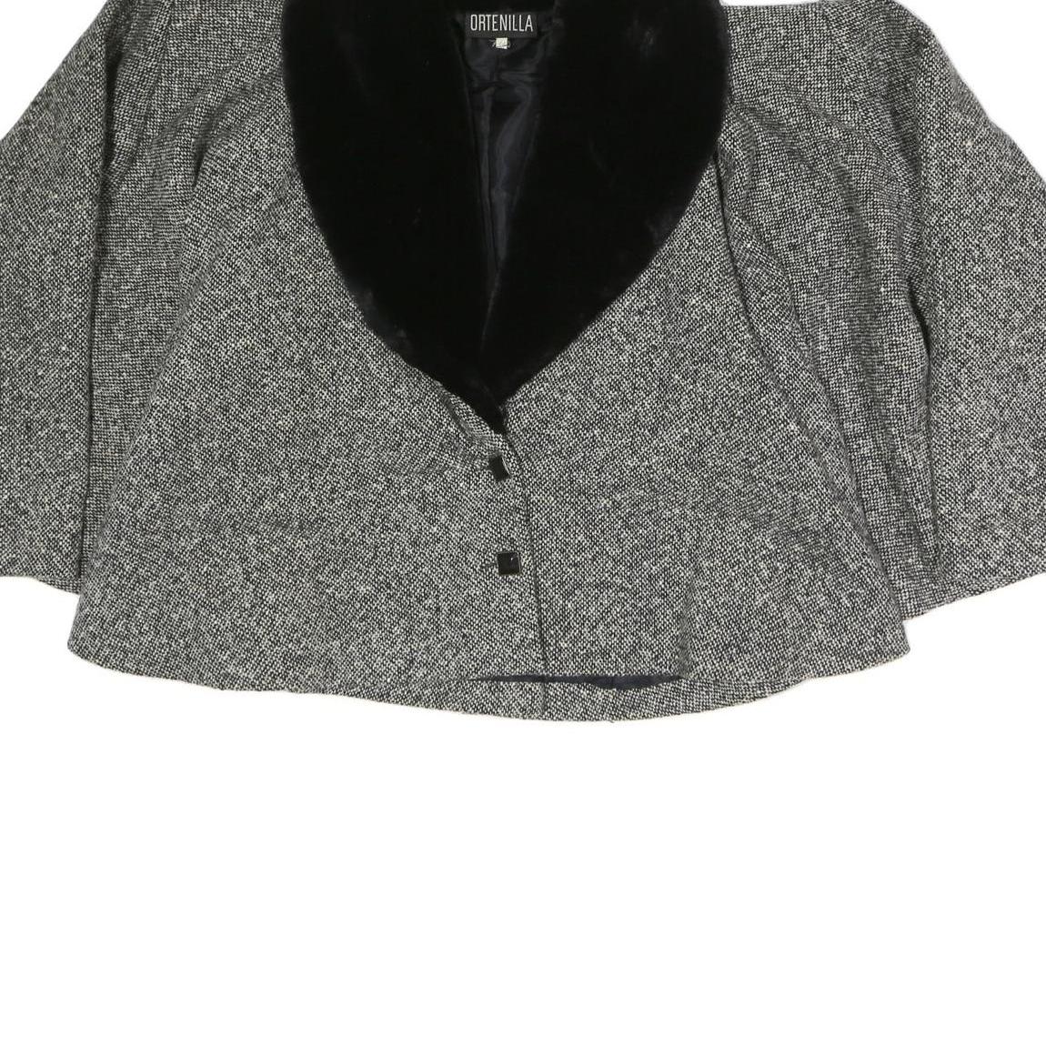 ORTENILLA Womens Grey Black Jacket L Cotton Blend Tweed Button Closure Fur