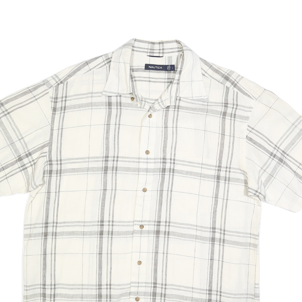 NAUTICA Mens White & Grey Checked Shirt L Casual Summer Short Sleeve Linen Blend