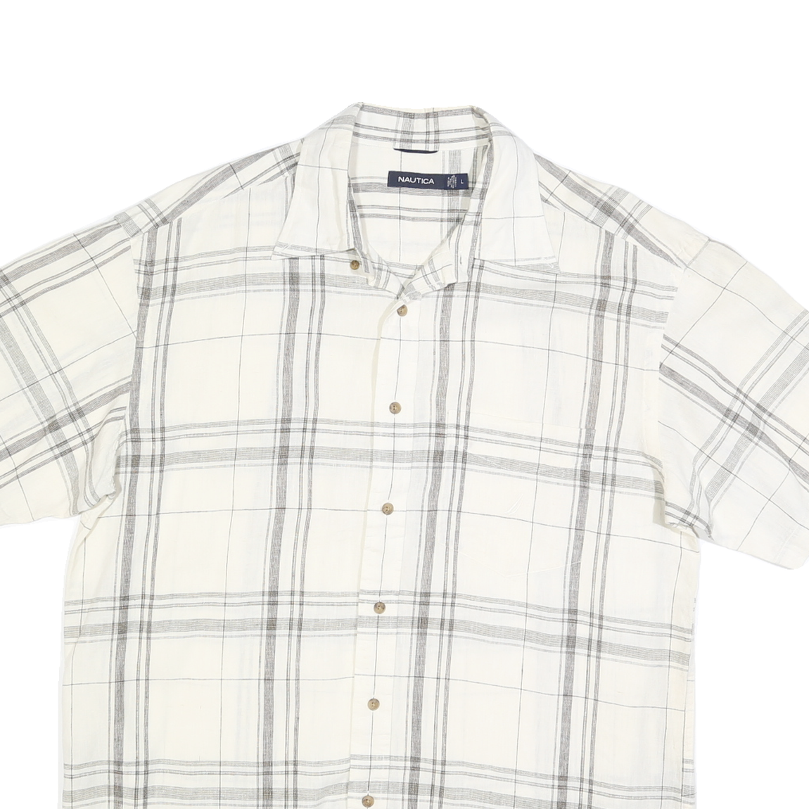NAUTICA Mens White & Grey Checked Shirt L Casual Summer Short Sleeve Linen Blend
