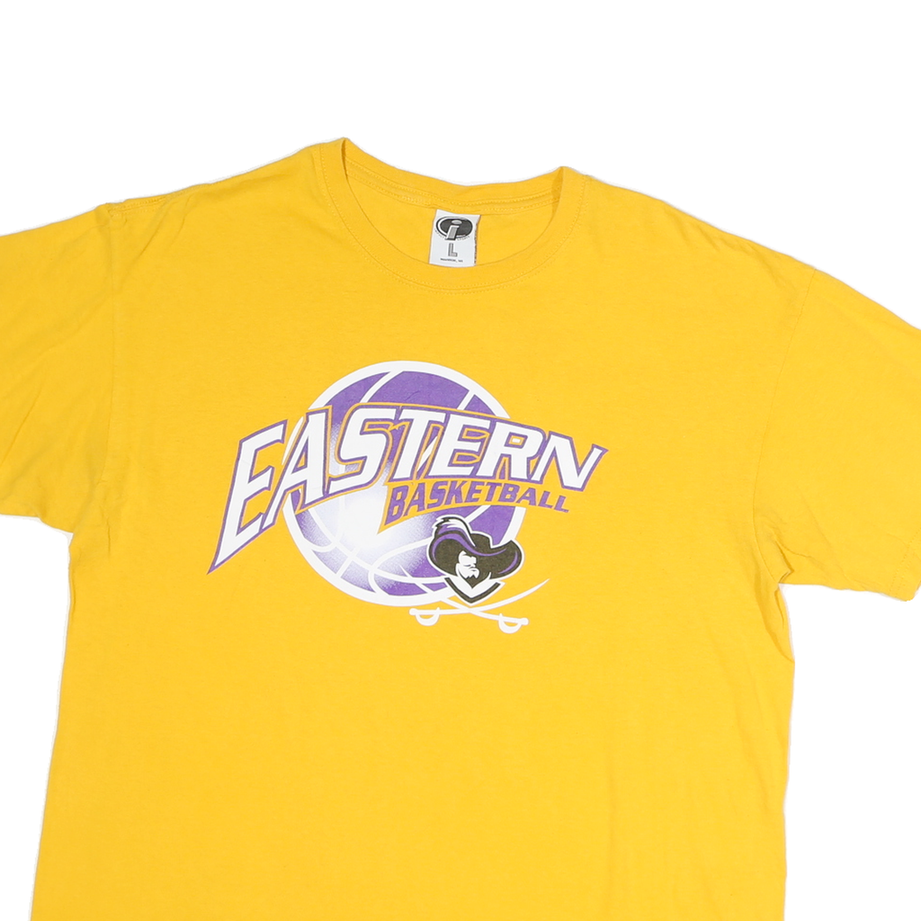 Mens Yellow Cotton Graphic T-Shirt L Short Sleeve Crew Neck Basketball Print