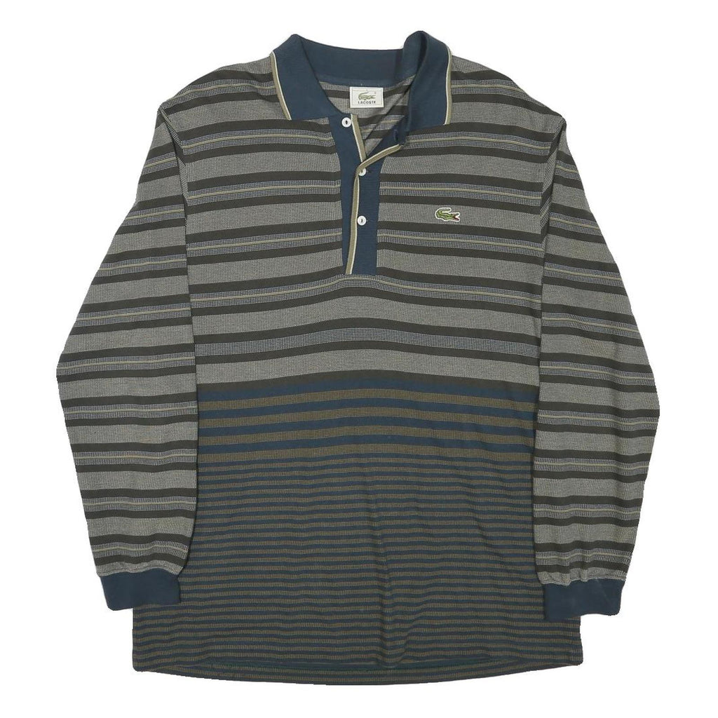LACOSTE Mens Blue & Grey Long Sleeve Striped Polo Shirt M Cotton Blend