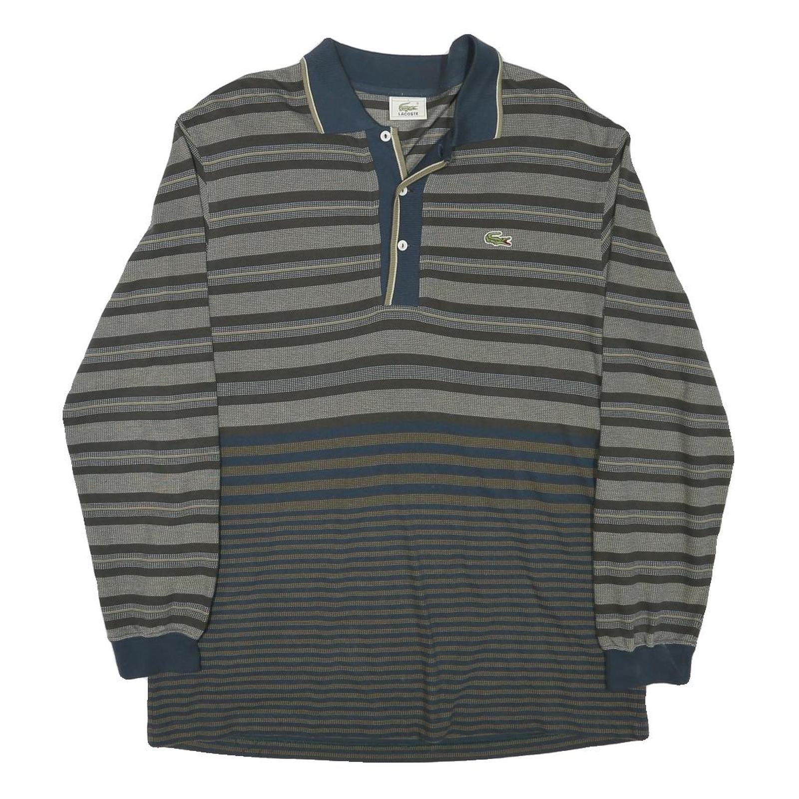 LACOSTE Mens Blue & Grey Long Sleeve Striped Polo Shirt M Cotton Blend