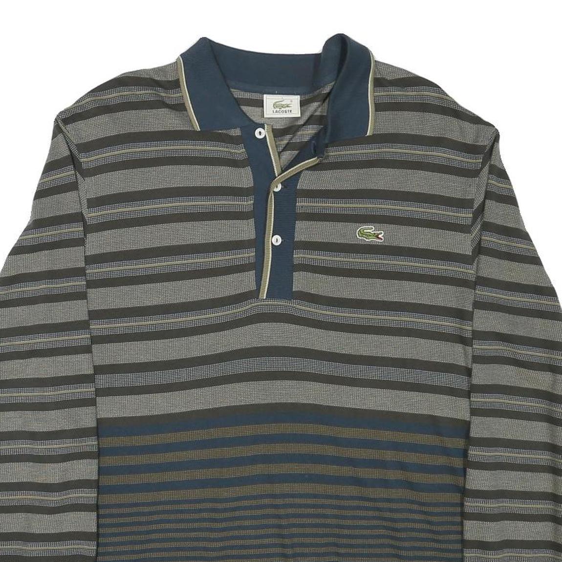 LACOSTE Mens Blue & Grey Long Sleeve Striped Polo Shirt M Cotton Blend