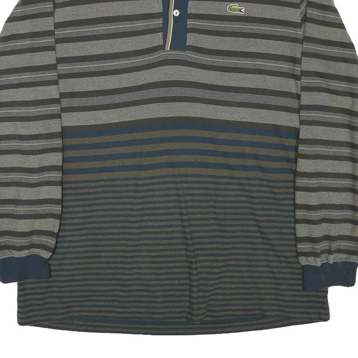 LACOSTE Mens Blue & Grey Long Sleeve Striped Polo Shirt M Cotton Blend