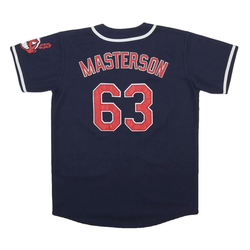 MAJESTIC Mens Blue Indians Baseball Jersey L Short Sleeve V-Neck 63 Masterson