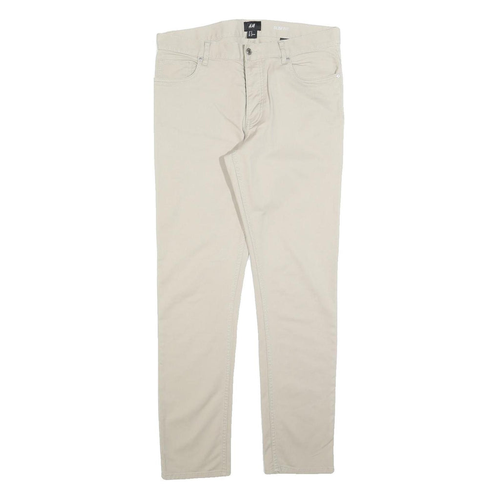 H&M Mens Cotton Blend Beige Slim Straight Trousers W31 L31 Button Closure