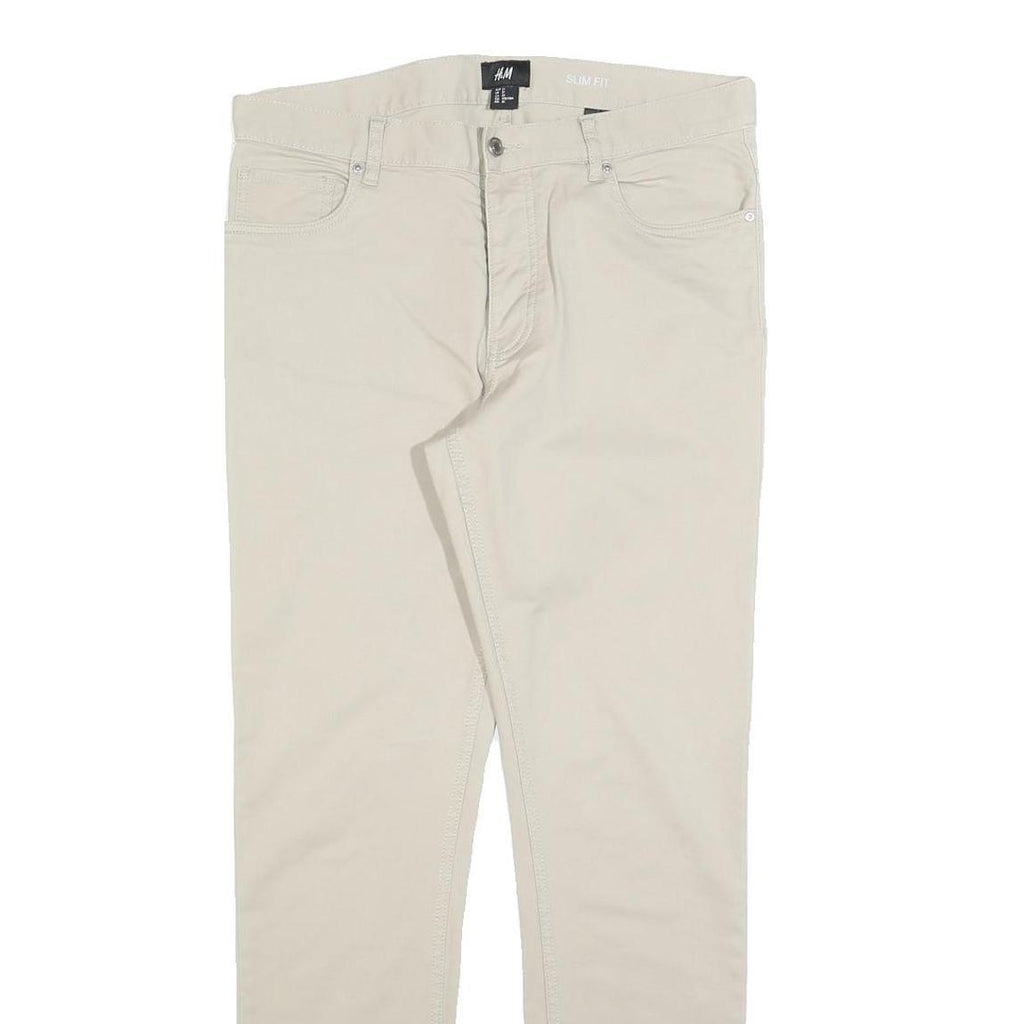 H&M Mens Cotton Blend Beige Slim Straight Trousers W31 L31 Button Closure