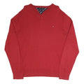 TOMMY HILFIGER Mens Red Plain V-Neck Basic Knit Jumper XL Cotton Blend Classic