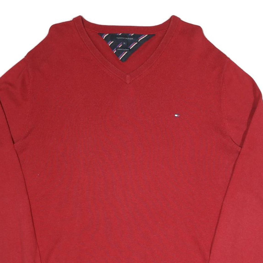 TOMMY HILFIGER Mens Red Plain V-Neck Basic Knit Jumper XL Cotton Blend Classic