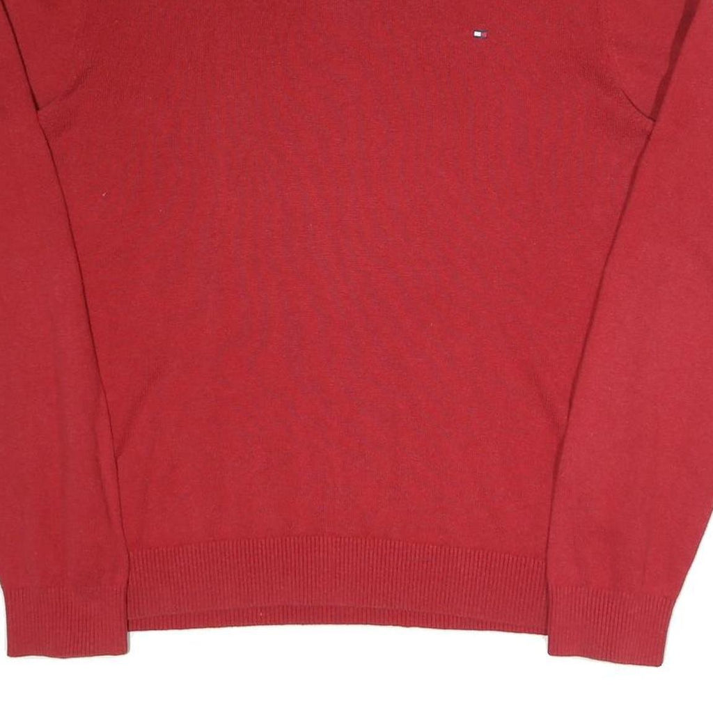 TOMMY HILFIGER Mens Red Plain V-Neck Basic Knit Jumper XL Cotton Blend Classic