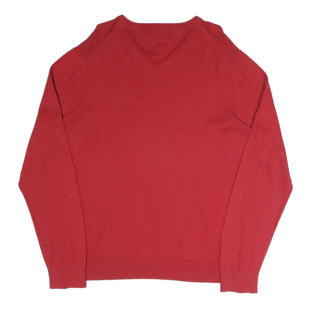 TOMMY HILFIGER Mens Red Plain V-Neck Basic Knit Jumper XL Cotton Blend Classic