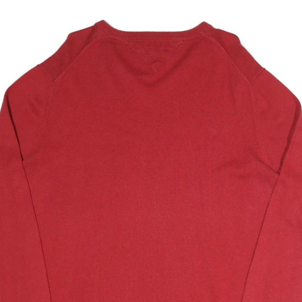 TOMMY HILFIGER Mens Red Plain V-Neck Basic Knit Jumper XL Cotton Blend Classic