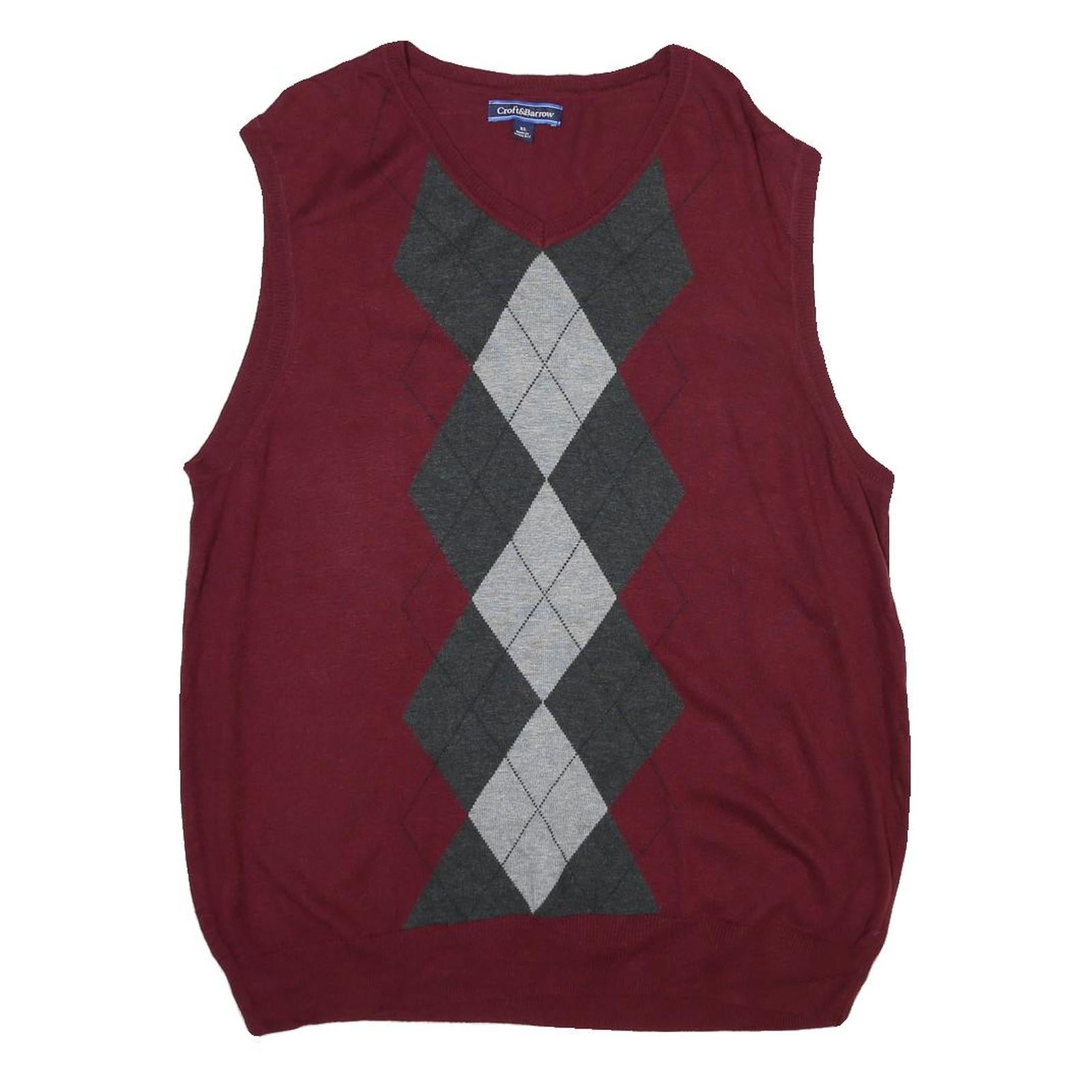 CROFT & BARROW Mens Maroon Grey Argyle Pullover V-Neck Basic Knit XL Sleeveless