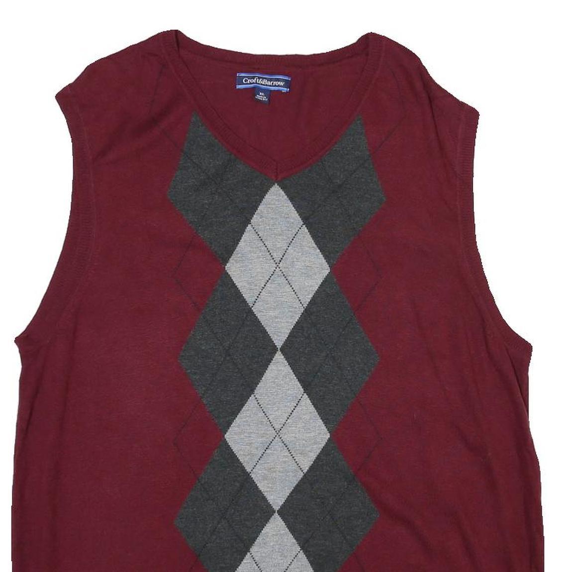CROFT & BARROW Mens Maroon Grey Argyle Pullover V-Neck Basic Knit XL Sleeveless
