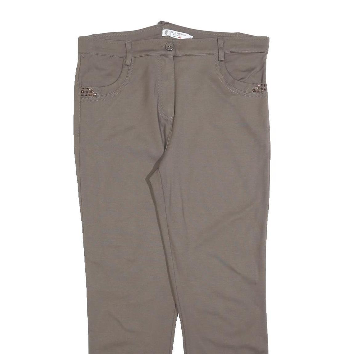 CARLA FERRONI Womens Slim Taupe Trousers W32 L27 Zip Pockets Tailored
