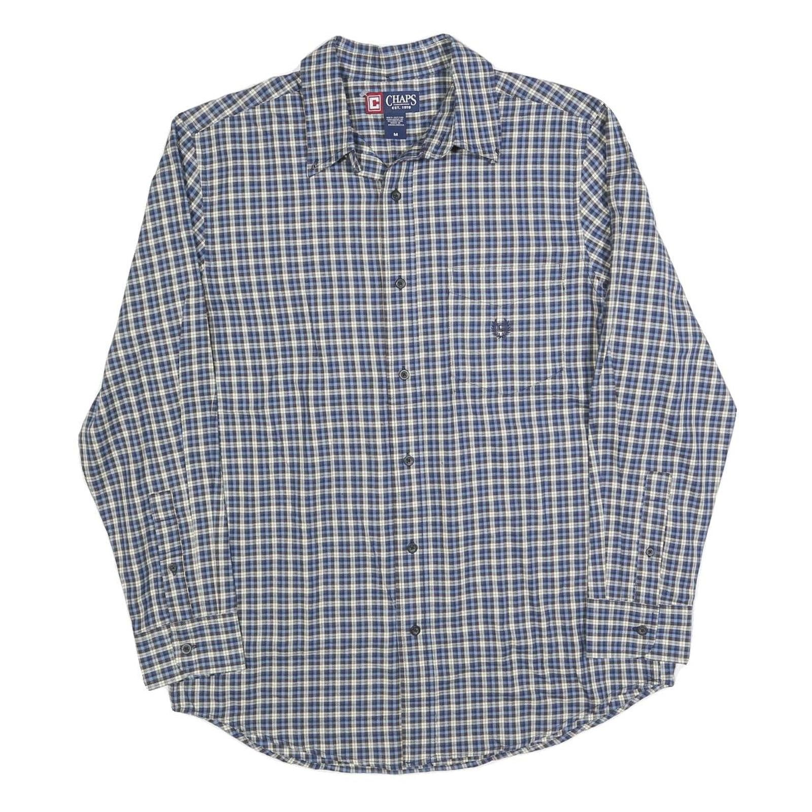 CHAPS Mens Blue & Cream Check Shirt M Classic Cotton Blend Casual Long Sleeve