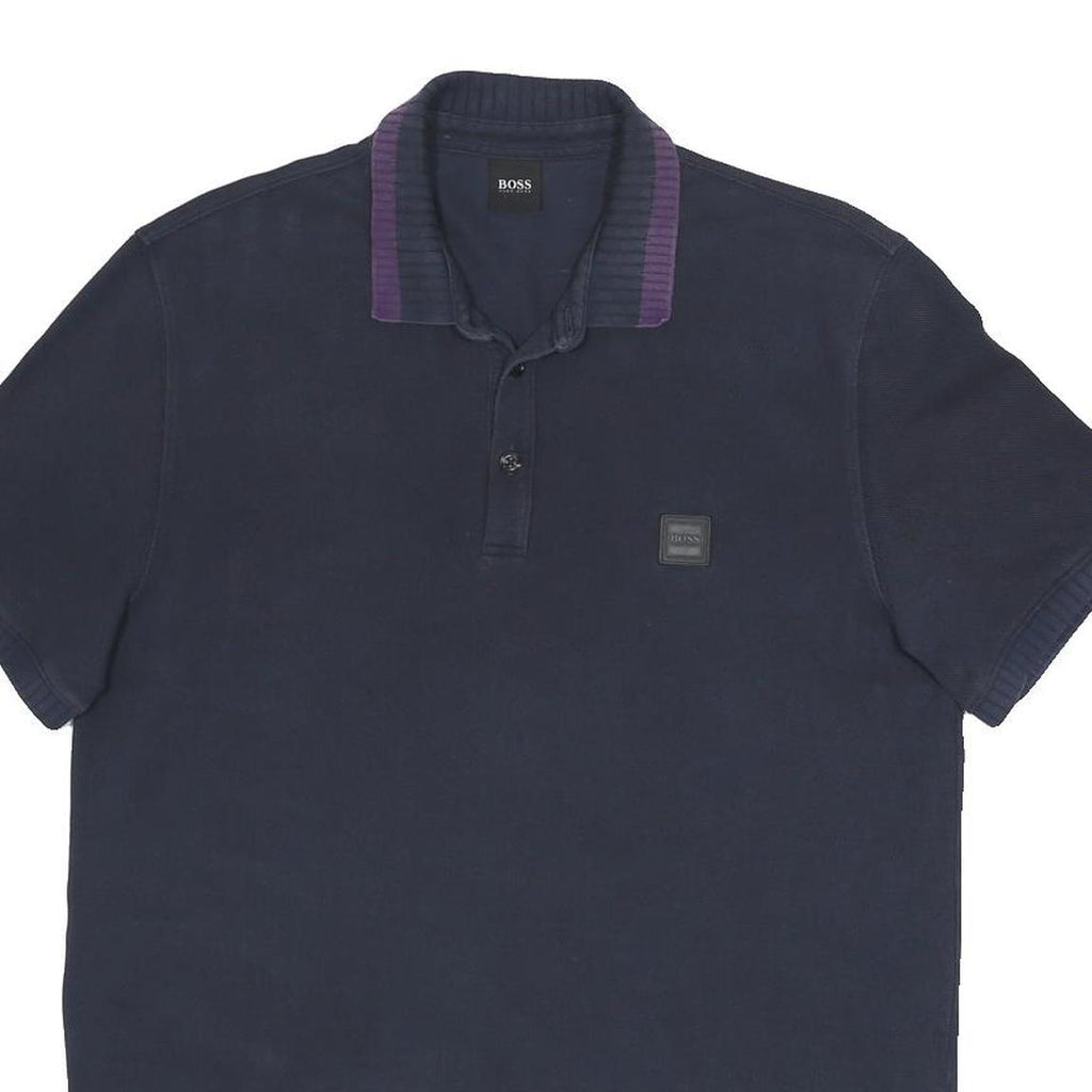 BOSS HUGO BOSS Mens Navy Blue & Purple Short Sleeve Plain XL Polo Shirt Cotton