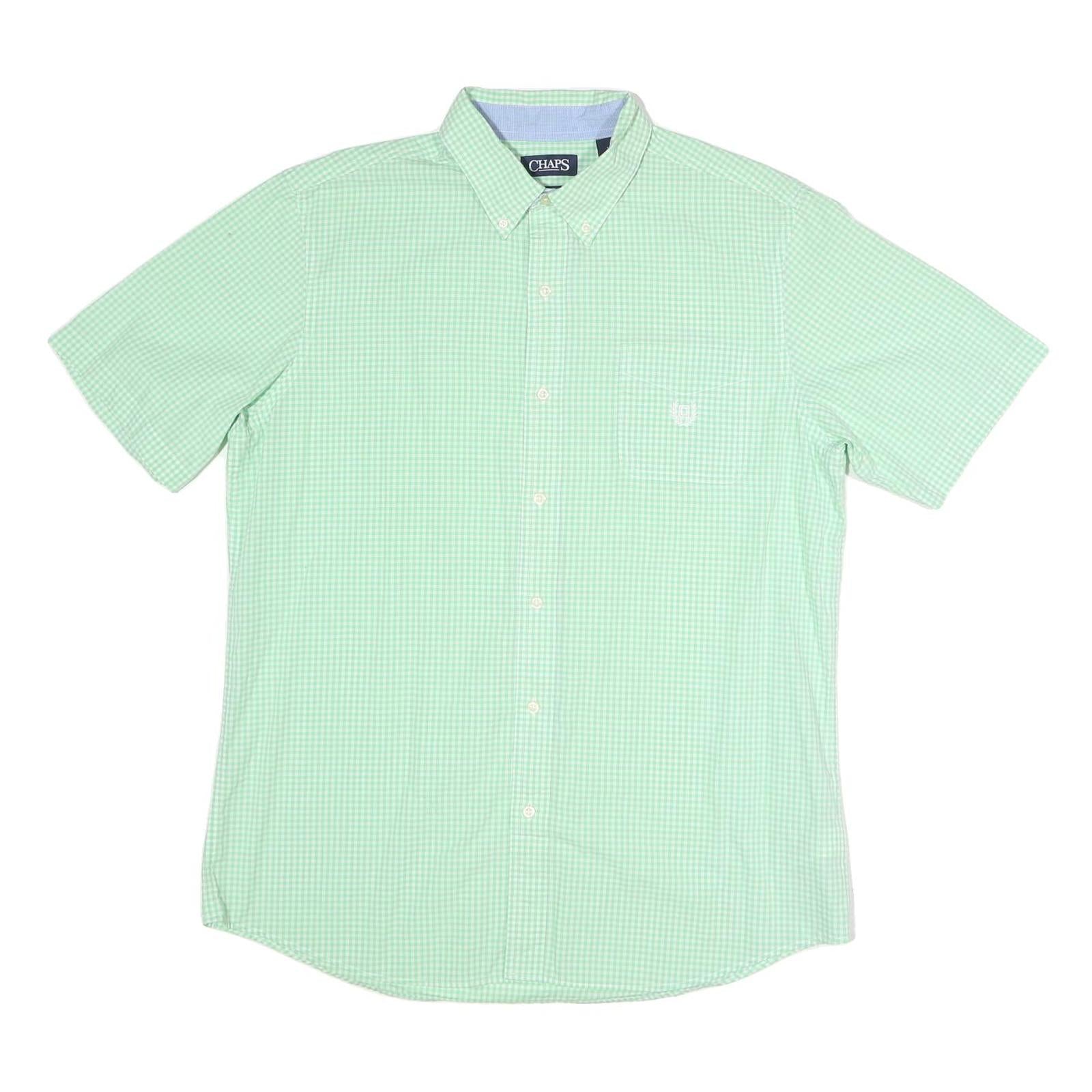 CHAPS Mens Green Check Shirt L Button-Down Collar Short Sleeve Cotton Blend